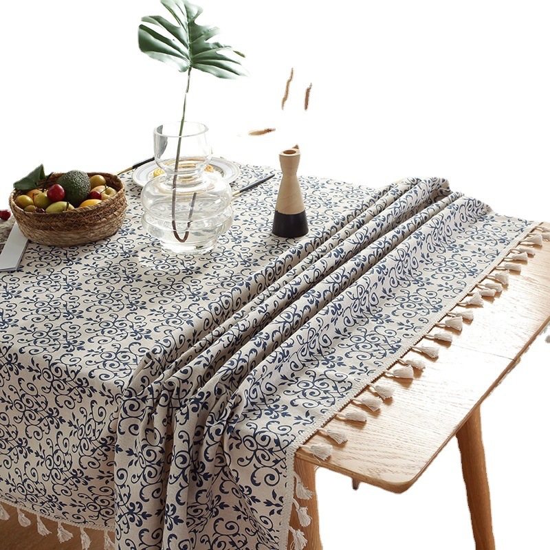 W49 New Chinese Retro Blue and White Porcelain Cotton and Linen ins Rectangular Dining Table Tablecloth Tassel Table Mat Coffee Table Tablecloth