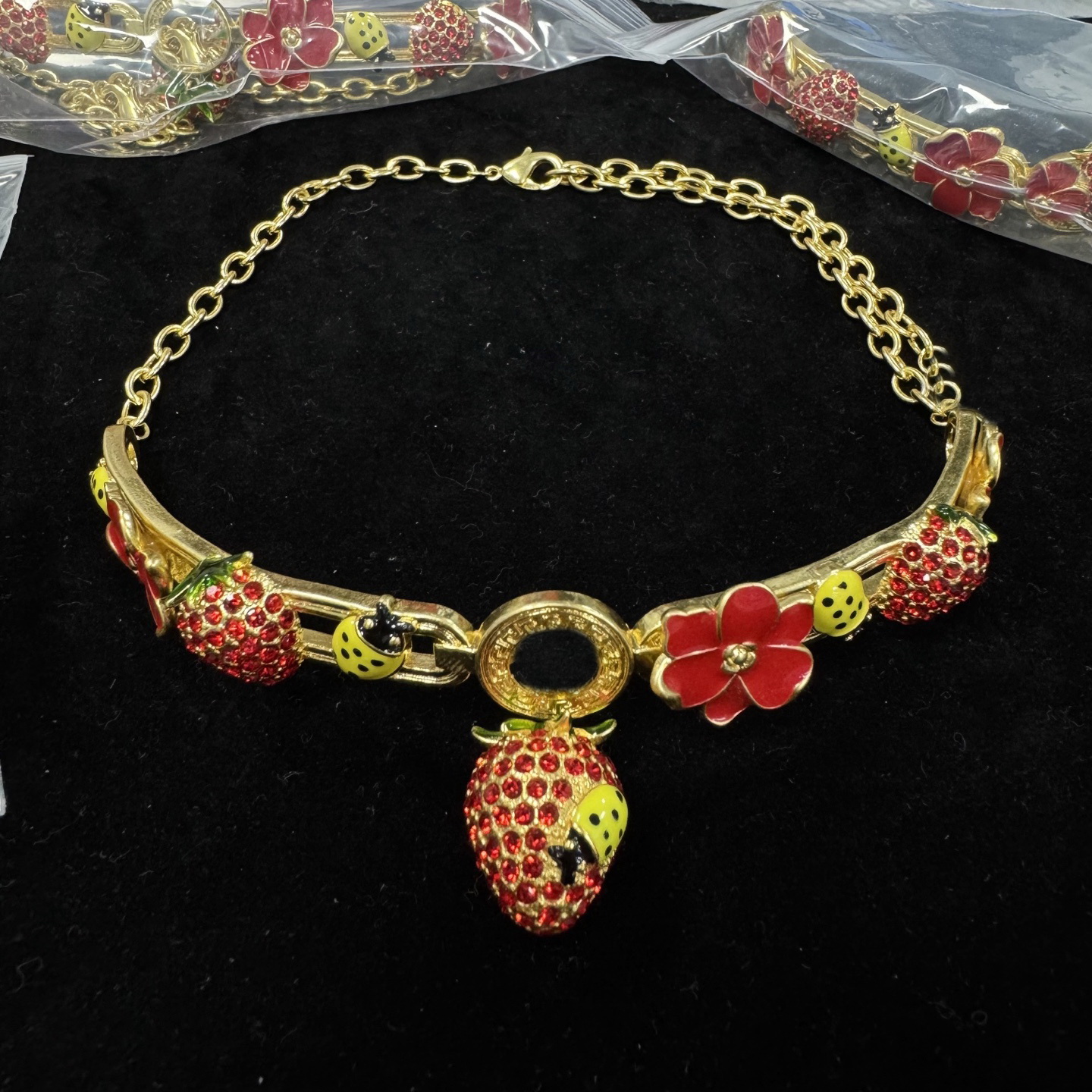 Beetle ladybug full diamond strawberry earring Ear Stud necklace red Enamel flower Ring multi-element set Luxurious Vintage jewelry