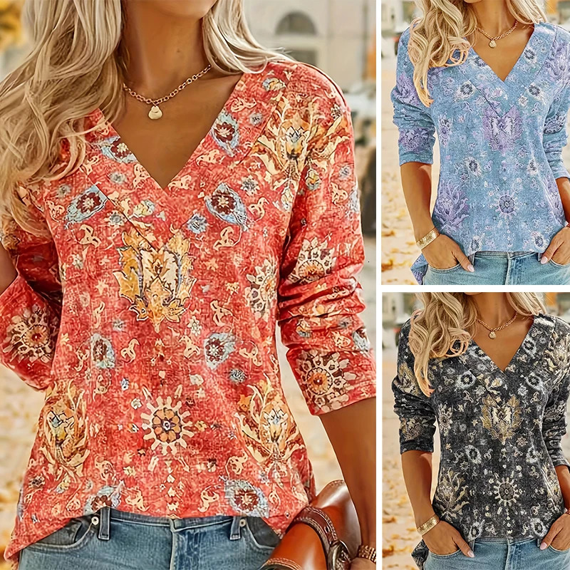 Enlarged Bohemian Top Womens Printed Long Sleeve Tshirt Casual Vneck Small Stretch 250430