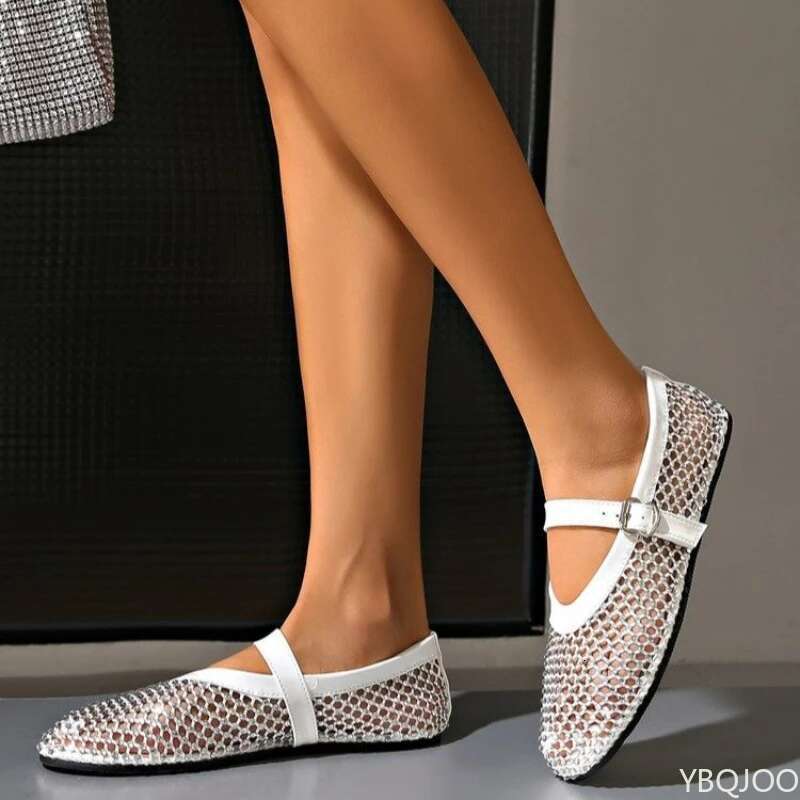 Ladies Summer Cut Out Loafers Woman Brand Design Rivet Flats Crystal Rhinestone Fishnet Mesh Ballet Mary Jane Shoes Mujer