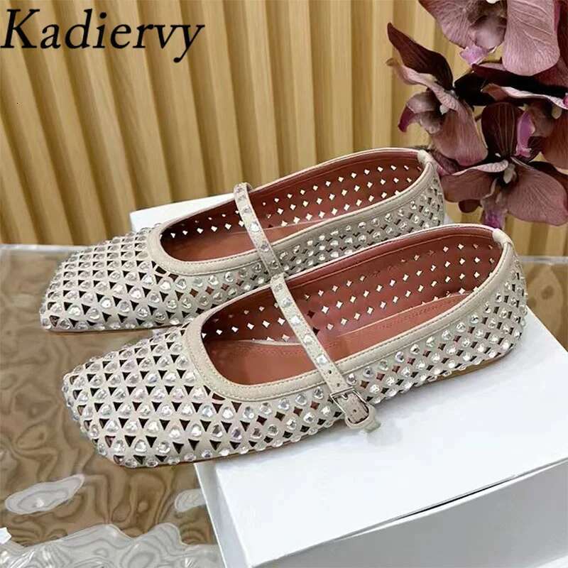 Crystal Woman Square Toe Ankle Lace Up Mary Jane Female Mesh Leather Hollow Outs Summer Flat Shoes For Women