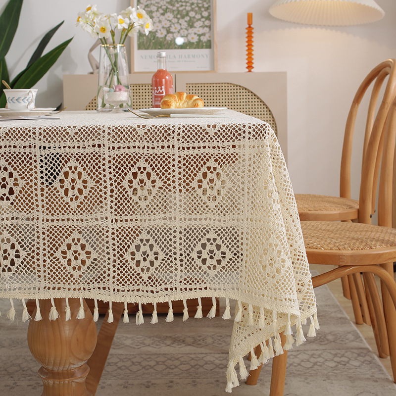 W44 American retro crochet tablecloth woven hollow tablecloth non-slip cover tablecloth beige hollow cloth placemat