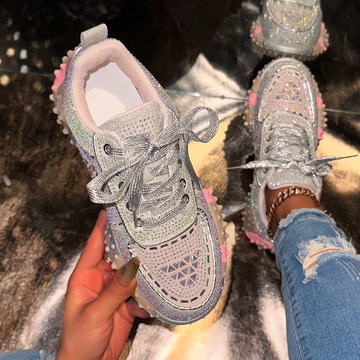 Women's Sport Shoes Crystal Sneakers Casual Fashion Anti slip Shoes Platform Shoes Woman 2025 Designer Brand Hiking Running Shoes Luxury Tennis S