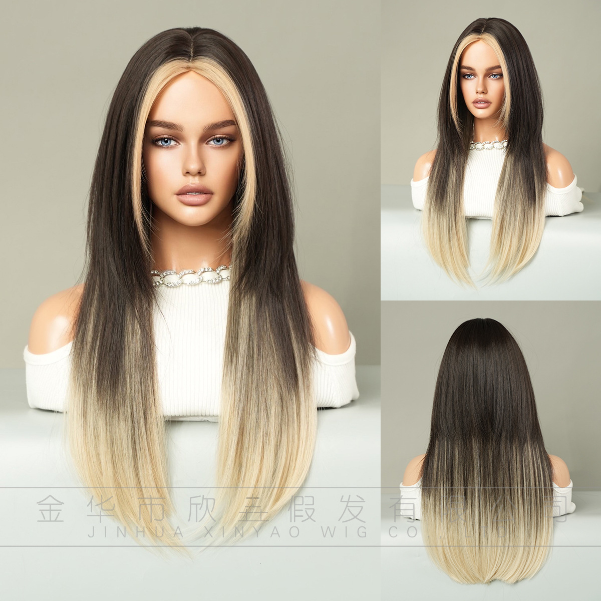 Fashion Womens Wig Skunk Stripe Milk Tea Gilded Layer Secondary Long Straight Hair Spot Dyed Gold Chemical Fiber Mechanism Wig