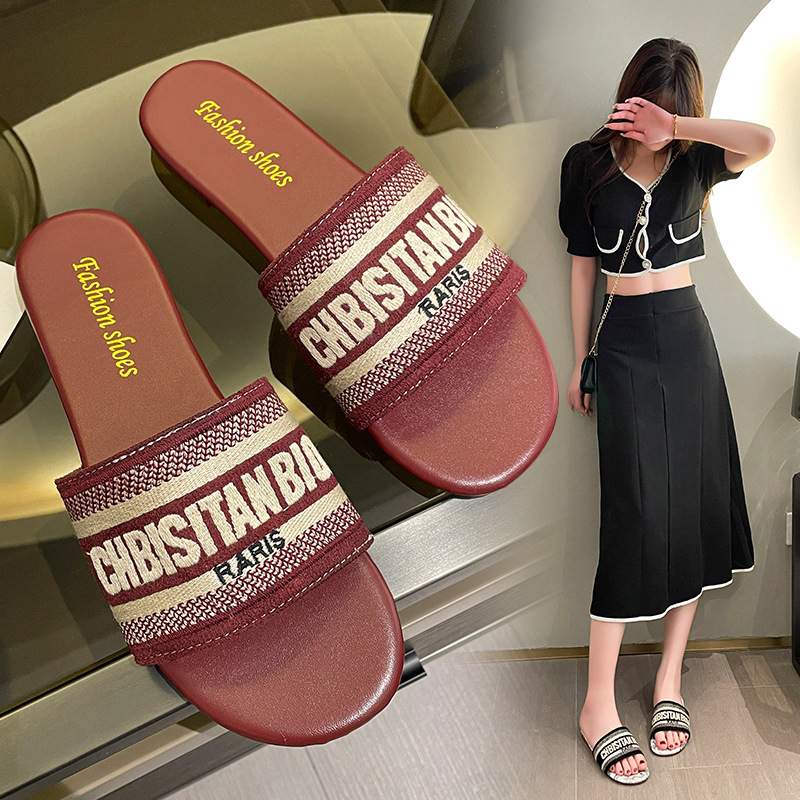 Free shipping designer sandals, women's new embroidered sandals, summer travel beach striped flat slippers, mule pattern strappy sandals, anti-sl