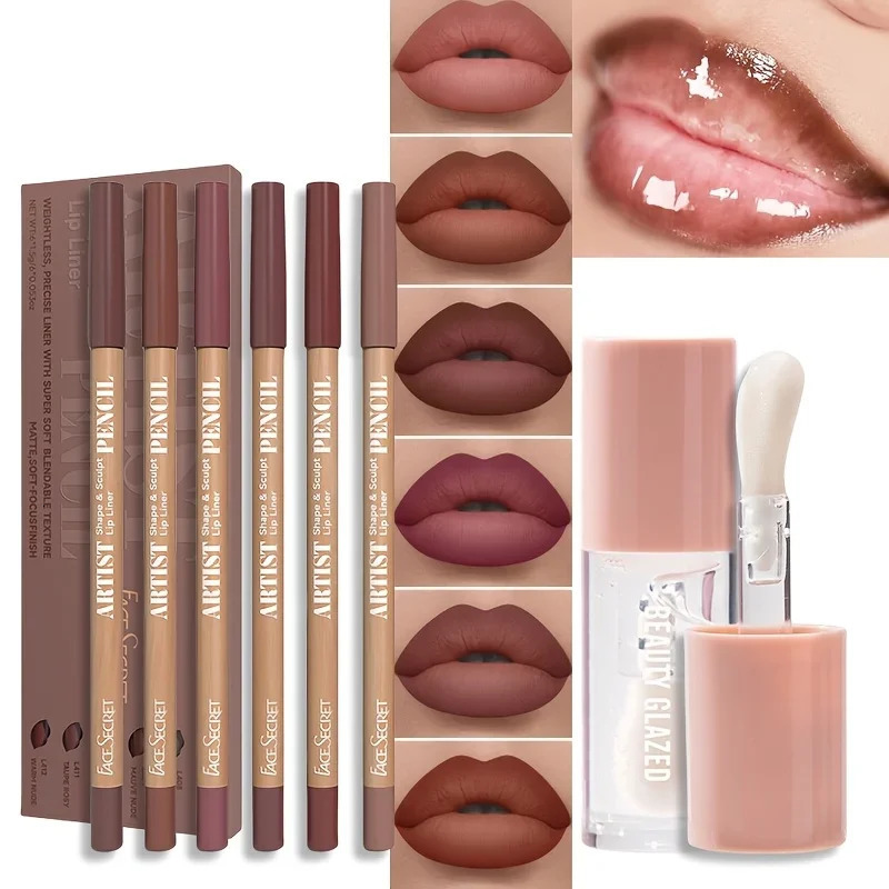 7-piece lip set velvet matte waterproof lip linerlip oil set durable matte lip pencil lip liner makeup set 250429
