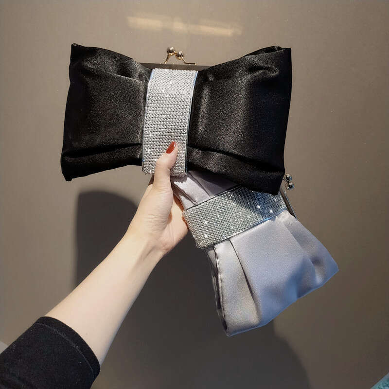 Dinner Bag Bowtie Pu Face Silk Single Shoulder Diagonal Cross Rhinestone Chain Makeup Princess Bag Banquet Handbag KQ