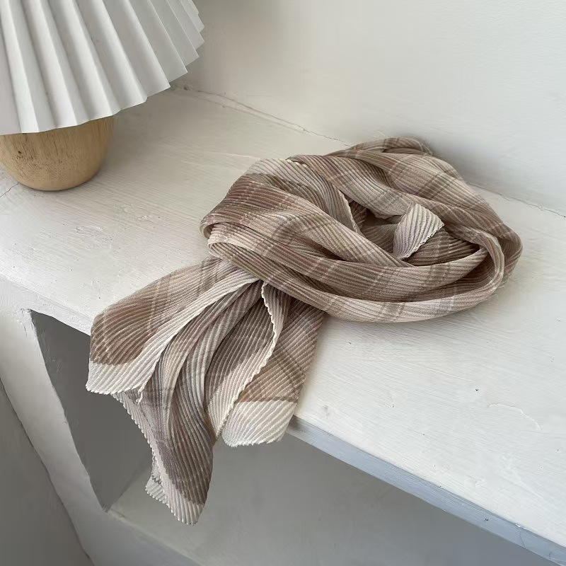 T619 plaid wrinkled scarf spring and summer Korean style temperament sunscreen gauze scarf neck scarf female long pleated