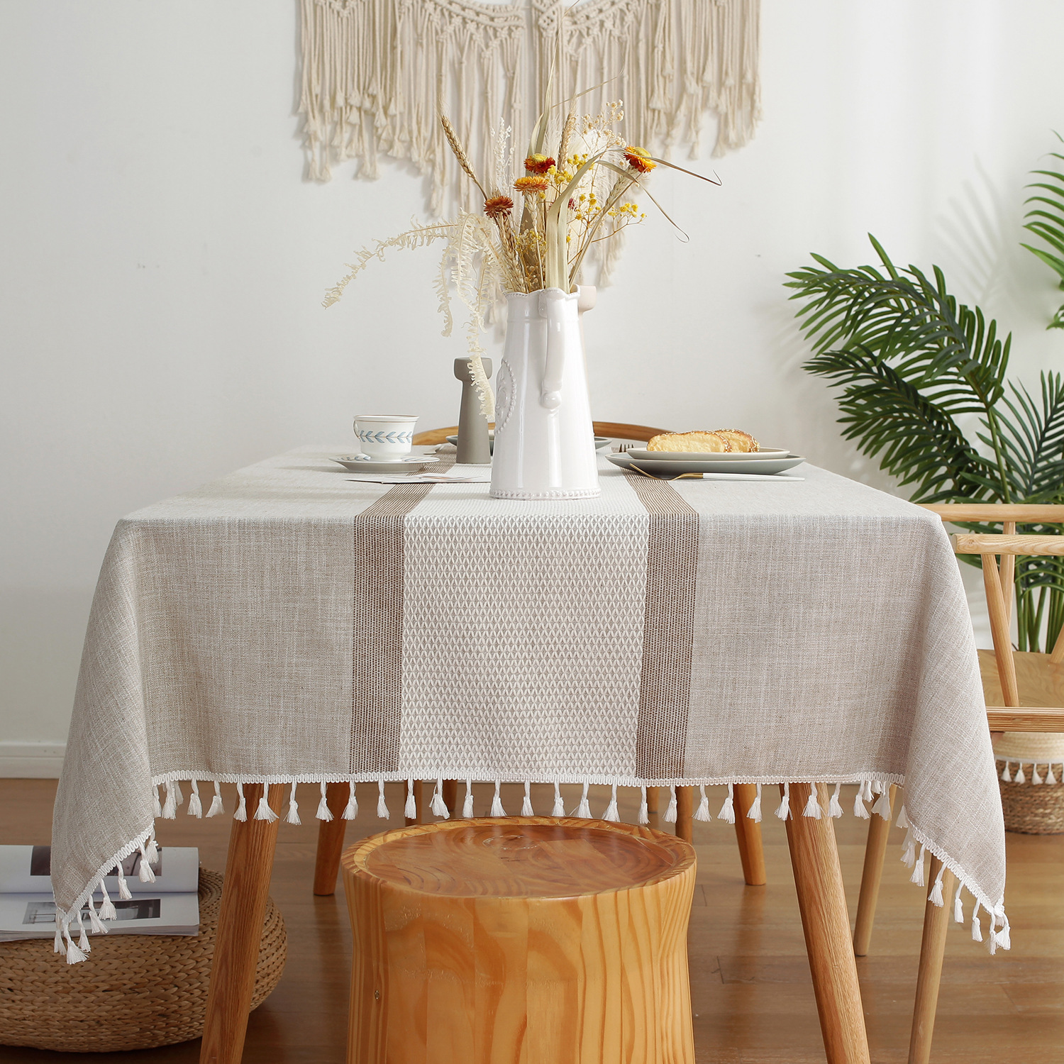 W54 Rectangular Symmetrical Striped Table Cloth - Cotton & Linen Blend for Coffee Tables