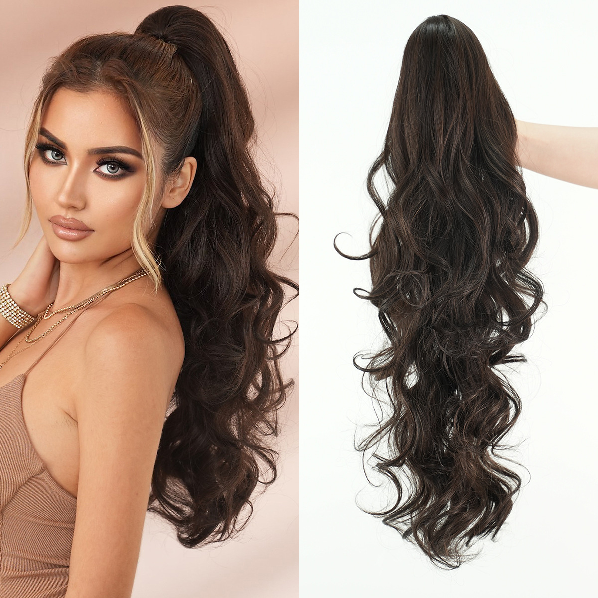 brown Black grab clip synthetic ponytail long curly hair with large waves high-temperature silk grab clip ponytail wig accessories