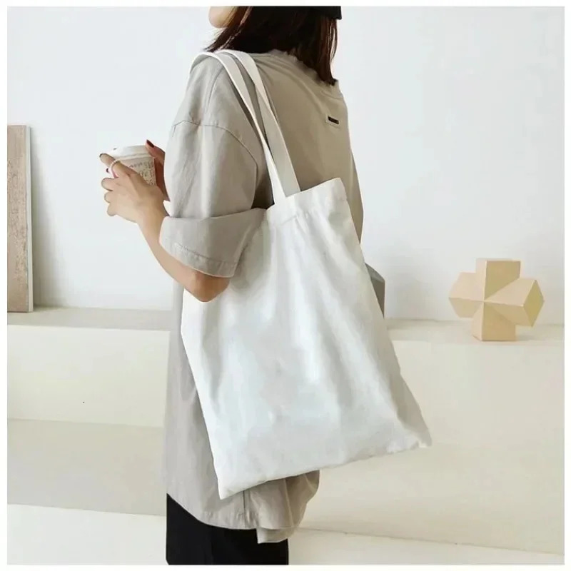 Large capacity black and white canvas shoulder bag foldable ecofriendly cotton handbag reusable DIY shopping 250428
