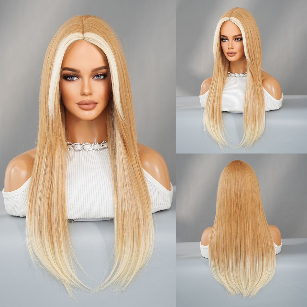 Fashion Womens Wig Skunk Stripe Milk Tea Gilded Layer Secondary Long Straight Hair Spot Dyed Gold Chemical Fiber Mechanism Wig