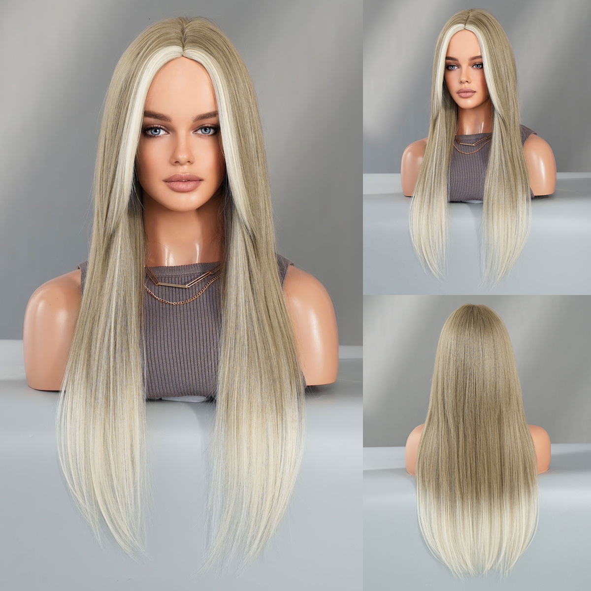 Fashion Womens Wig Skunk Stripe Milk Tea Gilded Layer Secondary Long Straight Hair Spot Dyed Gold Chemical Fiber Mechanism Wig