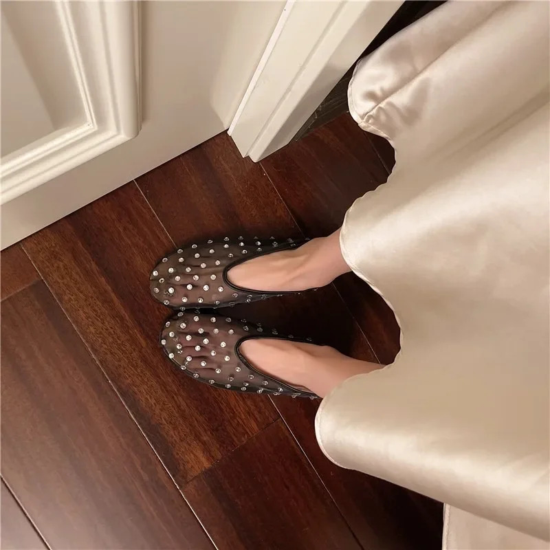 Womens Flat Shoes Mesh-edge Upper Rhinestones Soft Soles Shoes Women Dress Breathable Fairy Style One Kick Zapatillas De Mujer 250428