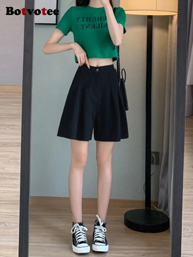 Botvotee Summer White Suit Shorts for Women Elegant Office Dress Shorts with Sashes Fashion Wide Leg Black Formal Short Pants 250428