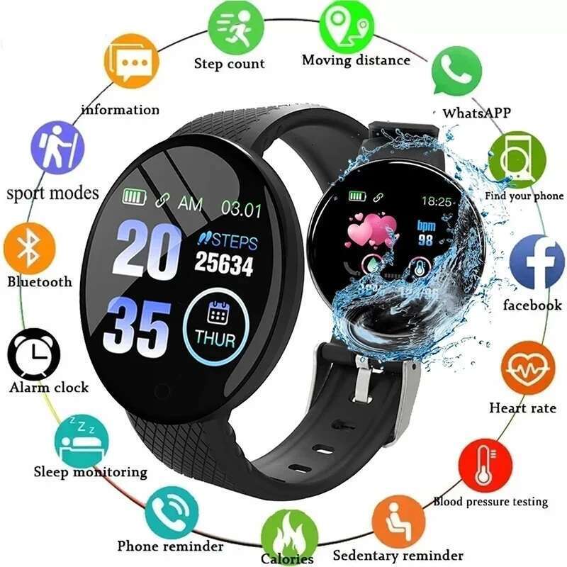 D18 Smart Watch Heart Care Monitor Men's Women's Smartwatch Round Fiess Digital Watches for Men Women Band Band Bracelet