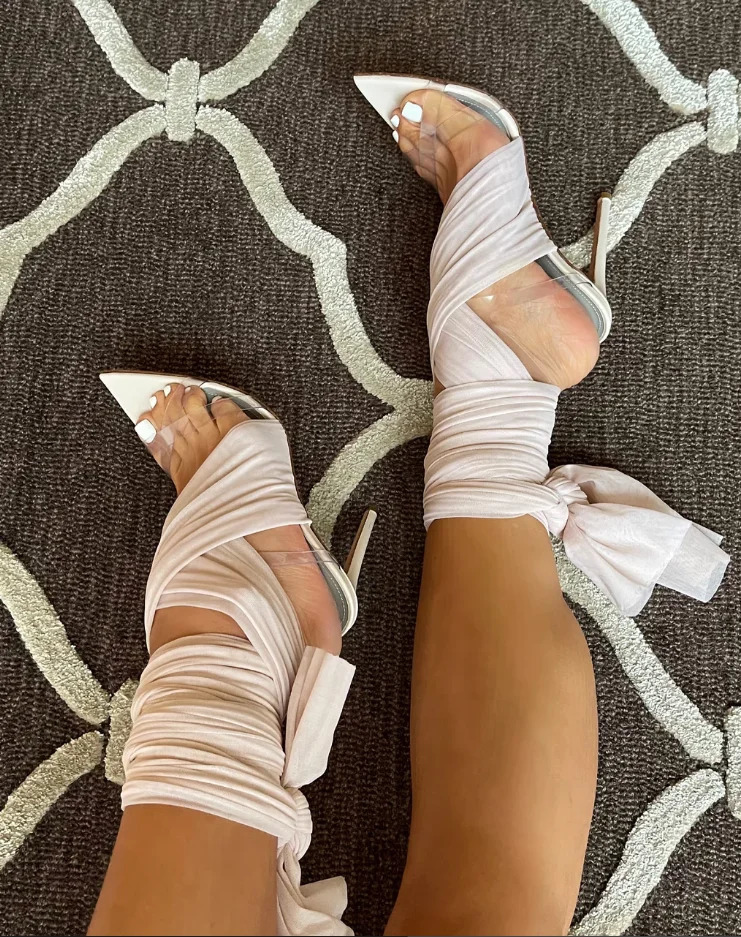 Tulle Lace Up Sandals Pvc Straps Pointed Toe Hollow Stiletto Heels Mesh Summer Women Sexy Casual Party Dress Clear Shoes 250428