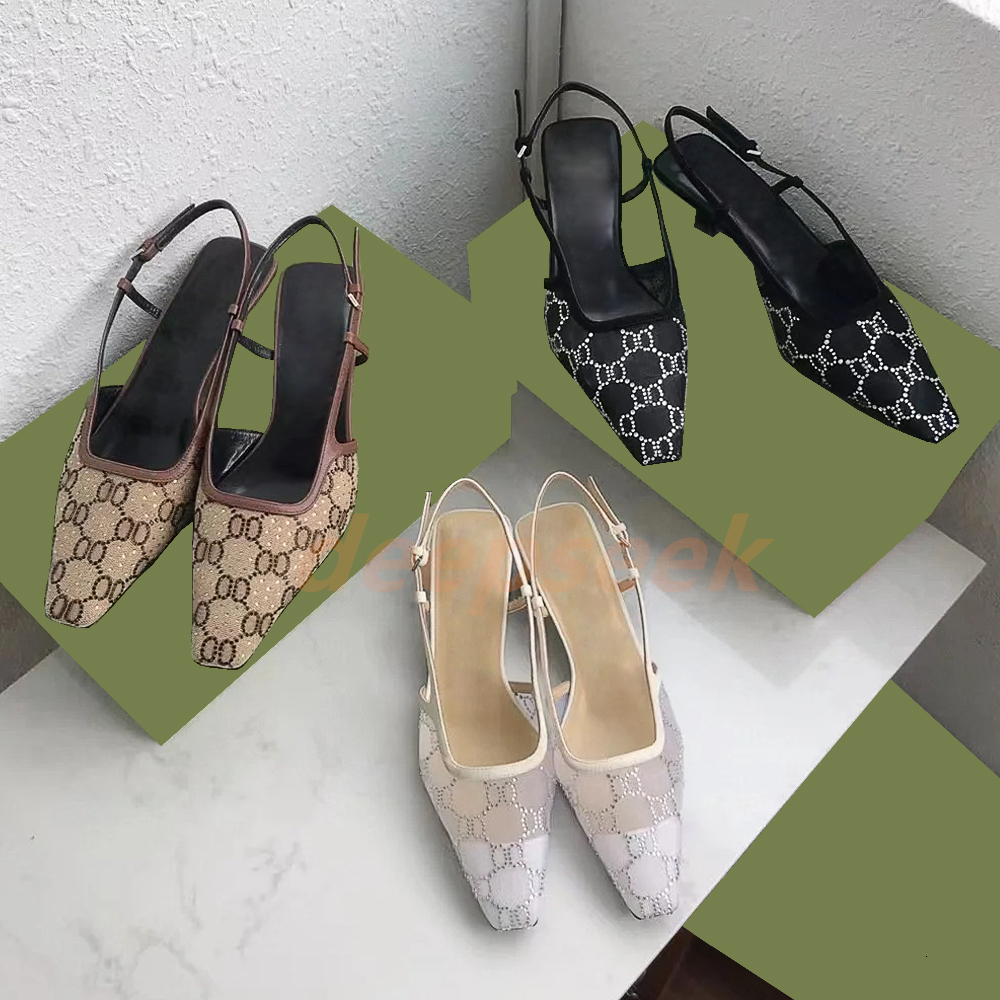 Designer Sandals dress shoes Lace up shallow cut shoes Slingback Sandals shoe Heel Black mesh with crystals sparkling Print shoe Leather Strap size 35-42