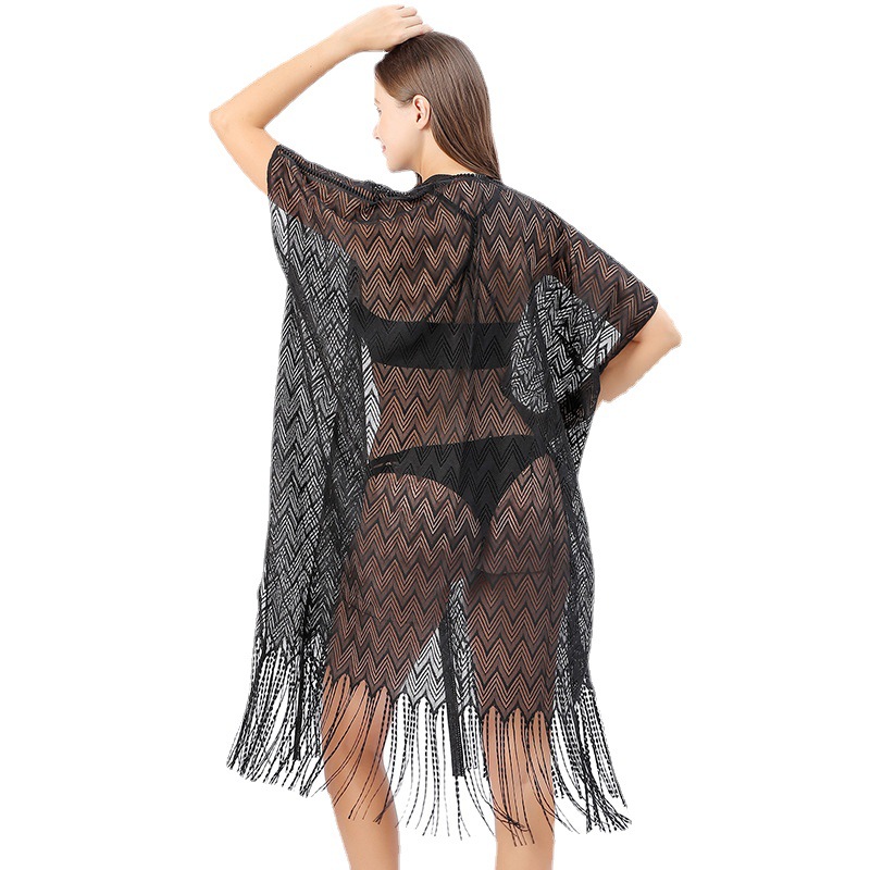 K601 Cross-border good goods European and American lace cardigan holiday beach style wave lace bikini blouse large size sun protection clothes for wom