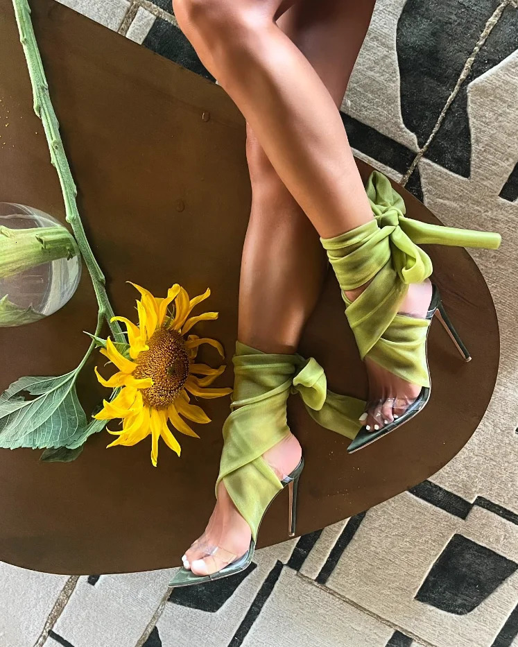 Tulle Lace Up Sandals Pvc Straps Pointed Toe Hollow Stiletto Heels Mesh Summer Women Sexy Casual Party Dress Clear Shoes 250428