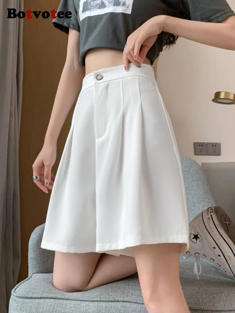 Botvotee Summer White Suit Shorts for Women Elegant Office Dress Shorts with Sashes Fashion Wide Leg Black Formal Short Pants 250428