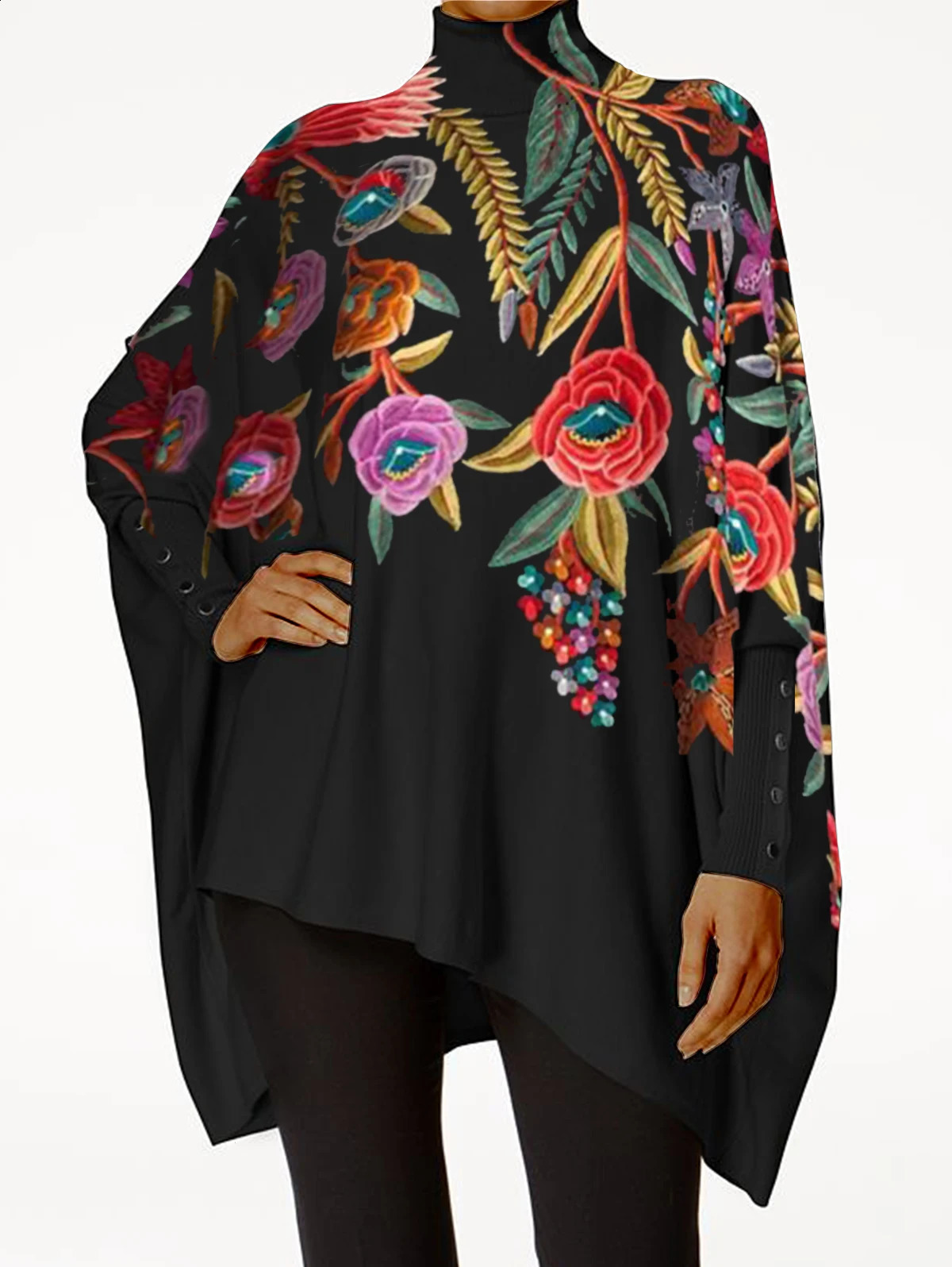 Turtleneck womens plus size Tshirt top casual floral print retro smoked spring irregular hem loose 250430Z