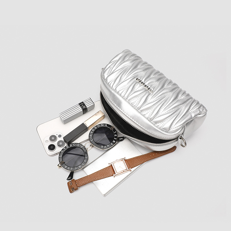 2025 new niche design silver pleated chain semi-round bag, versatile commuting simple single-shoulder crossbody small square bag