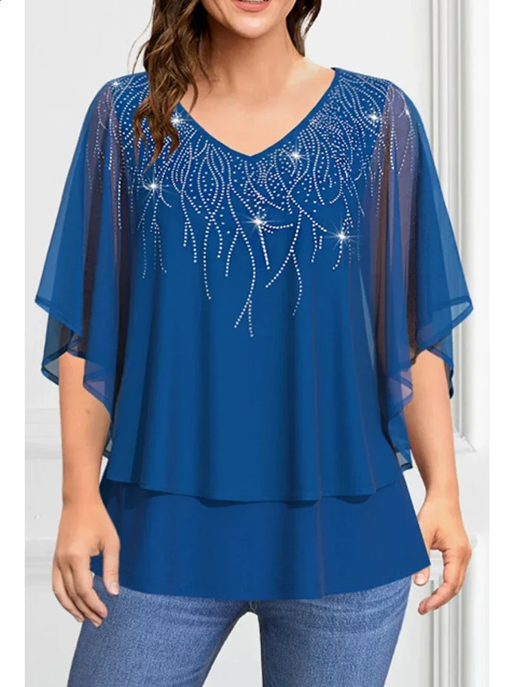 Womens plus size short sleeved Tshirt chiffon Vneck doublelayer loose casual elegant summer top 2024 250430Z