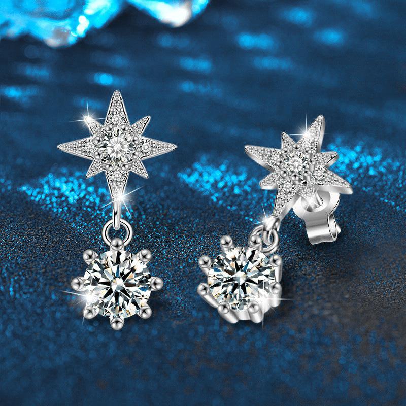 Six-Pointed Star Sterling Silver Earrings - Elegant Moissanite Jewelry - Perfect for Romantic Gifts