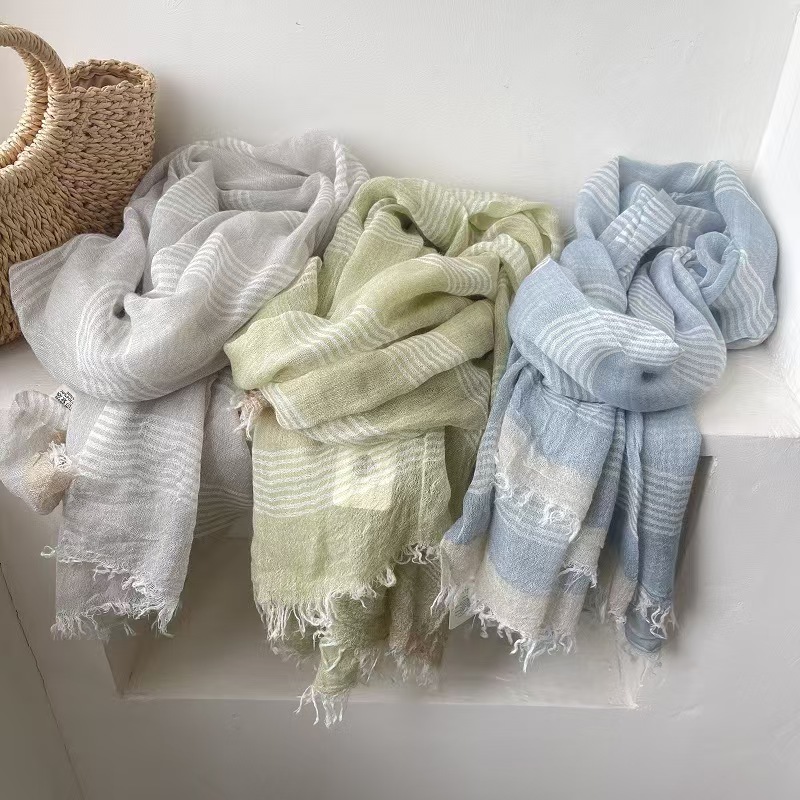 T628 linen scarf women's spring and summer black and white striped scarf plain literary cotton and linen scarf summer ultra-thin