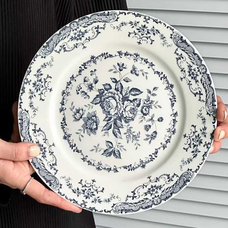 French-style rose ceramic dinner plates for home use, serving plates with classical printed patterns and enamel glaze, pasta salad dishesC241209