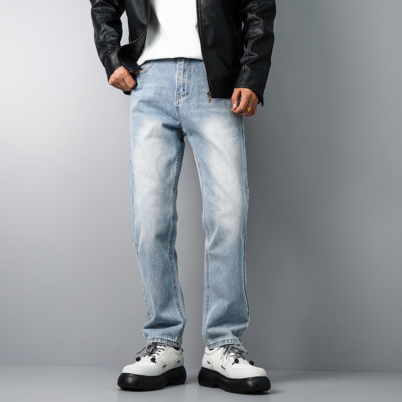 Jeans men's new product light blue casual loose wash straight leg fashionable and versatile trend slimming handsome long pants