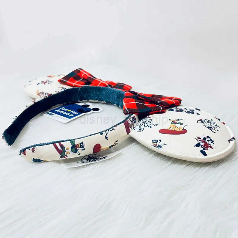 Disney Winter Christmas Headband Cartoon Mickey Pluto PU Leather Ears Adult Bow Headband Minnie Park Accessories HeadbandXJ250504