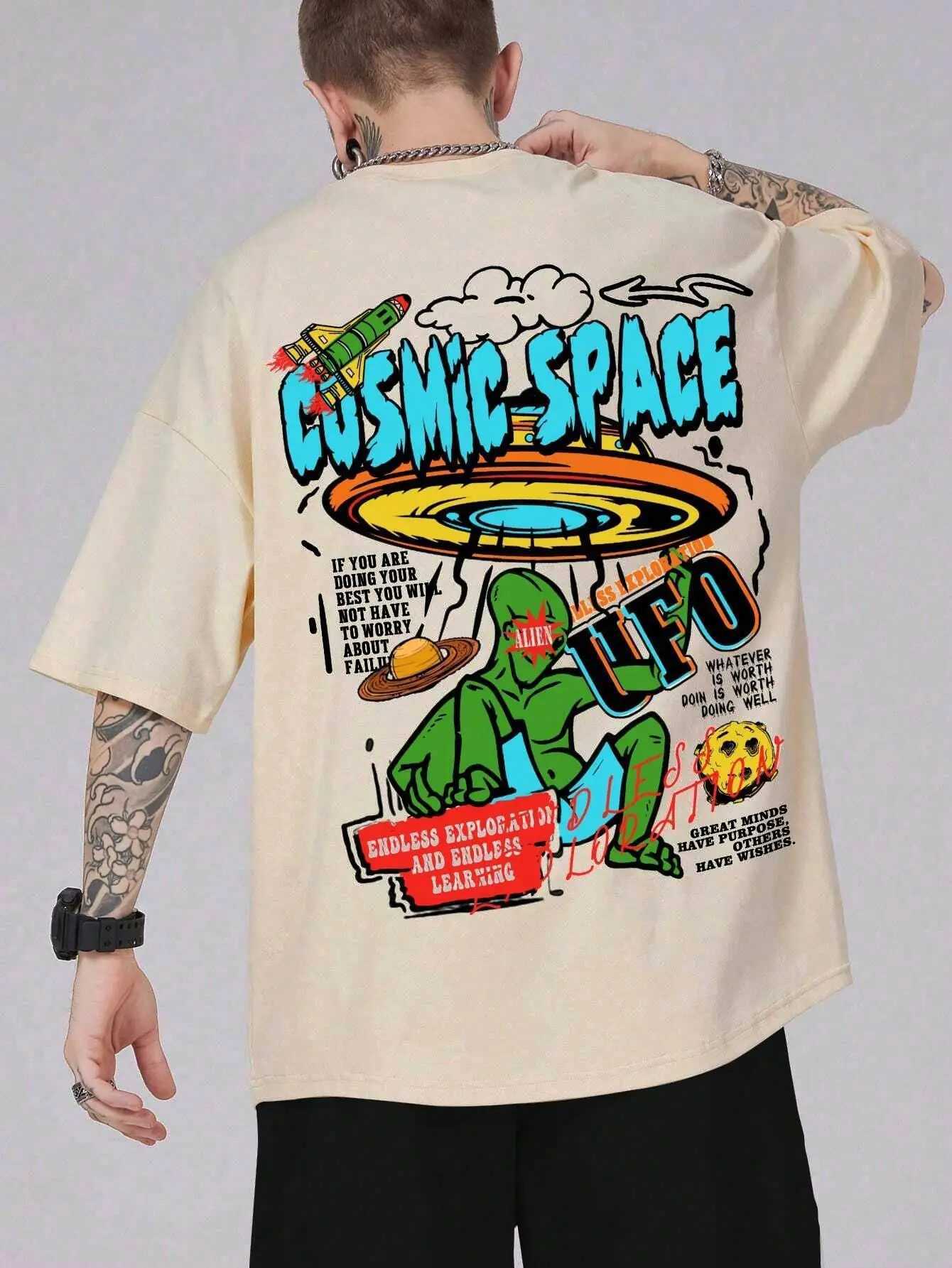 New Arrival Cosmic Space Ufo Alien Fun Graphic Printing Mens Top Fashion Street T-shirt Summer Casual Cotton T-shirt Extra Large Loose T-shirt Z250504