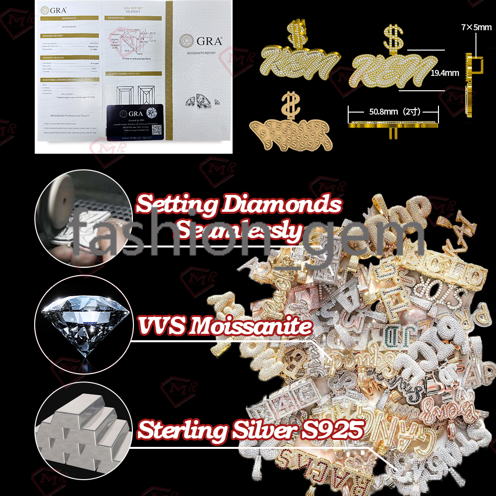 Fully Iced Out Moissanite Letter Pendant Custom Hiphop 925 Silver Pass Diamond Test Moissanite Pendant