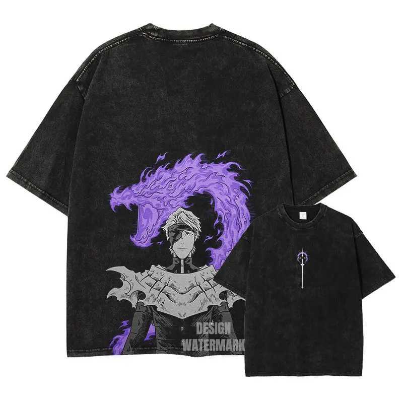 Anime bleached T-shirt oversized retro wash Zaraki Kenpachi T-shirt retro Harajuku Ichigo Rukia top Ts mens 100% pure cotton X250504
