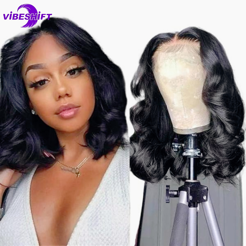 ViBESHiFT 10-14 inch Body Wave Wigs Raw Human Hair 13*4 Transparent Lace Front Wigs 200% Density Frontal wigs