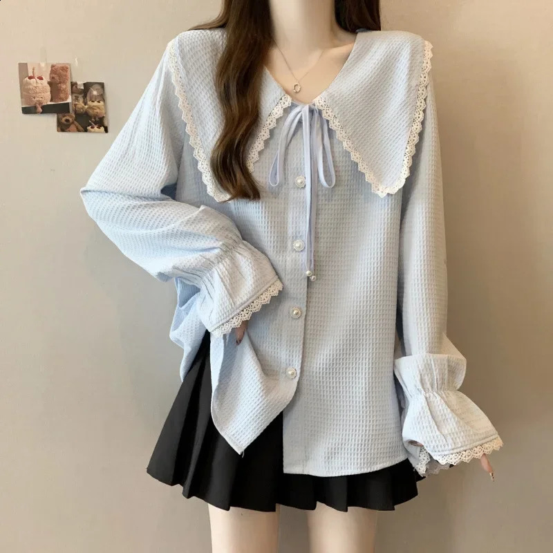 Large size loose long sleeved doll neck womens top spring Korean style weight loss version antiaging clothing 250430Z