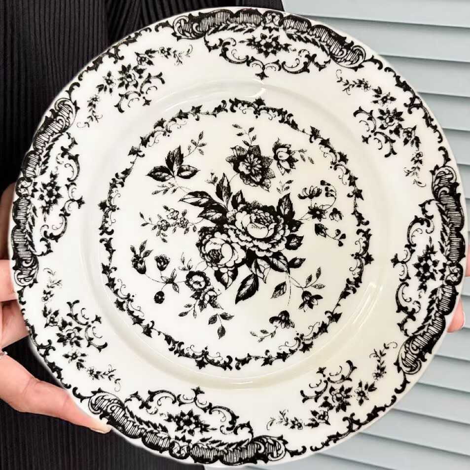 French-style rose ceramic dinner plates for home use, serving plates with classical printed patterns and enamel glaze, pasta salad dishesC241209