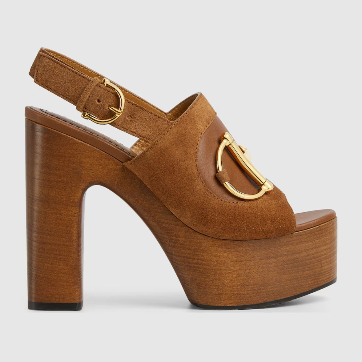 women's platform sandal horsebit brown light green suede sculpted wood Dress shoes luxury Fashion Buckle decoration Ankle closure with adjustable buckle High heel