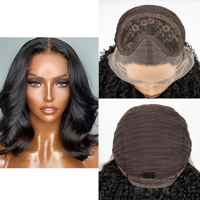 wig Womens black front lace mid split large wavy curly hair natural short curly hair wig headband