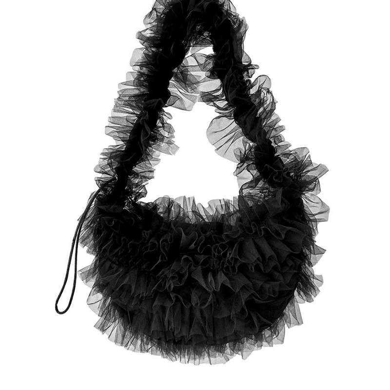 Womens Mesh Ruffled Edges Pleated Crossbody Bag with Unique Dumpling Shape
