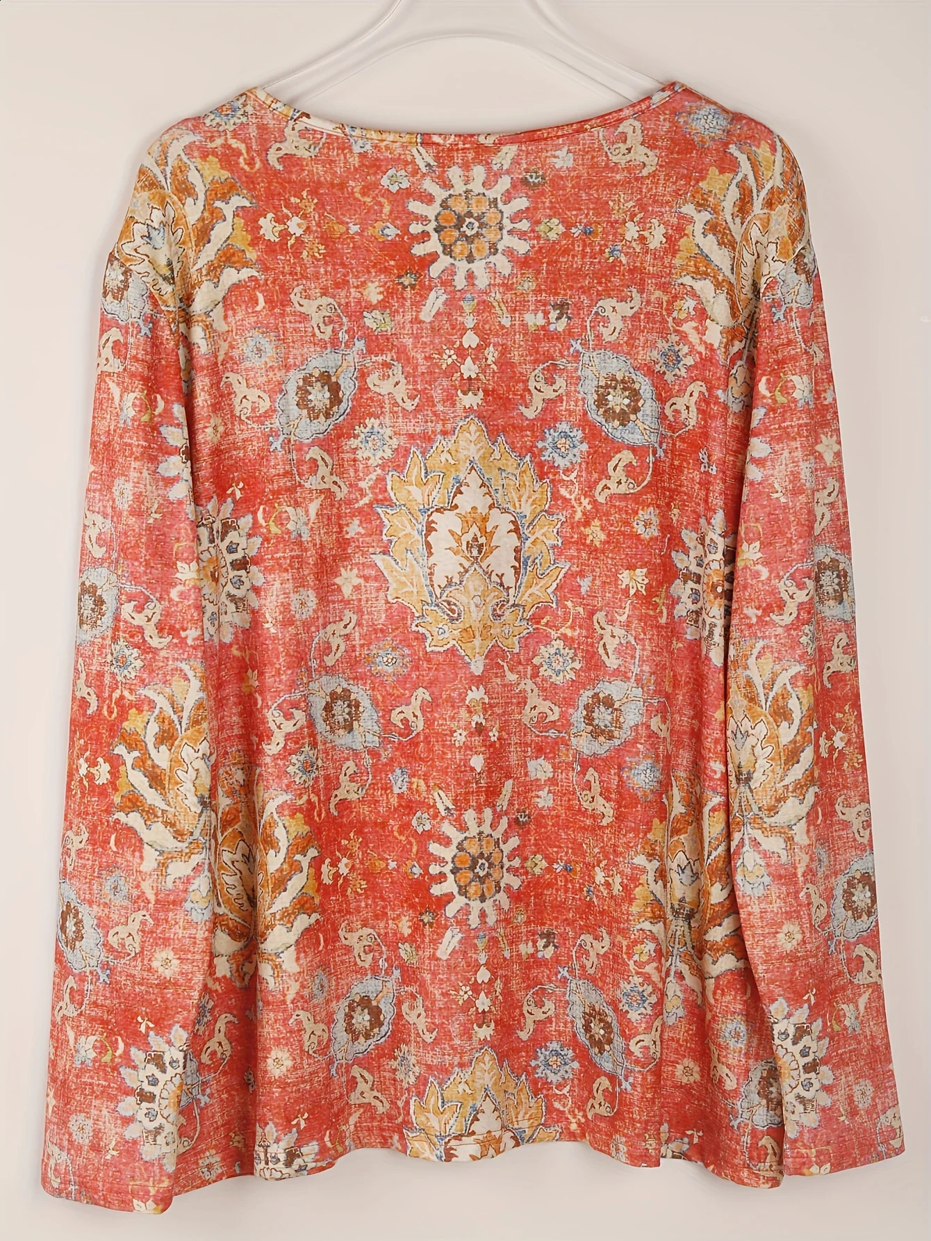 Enlarged Bohemian Top Womens Printed Long Sleeve Tshirt Casual Vneck Small Stretch 250430Z