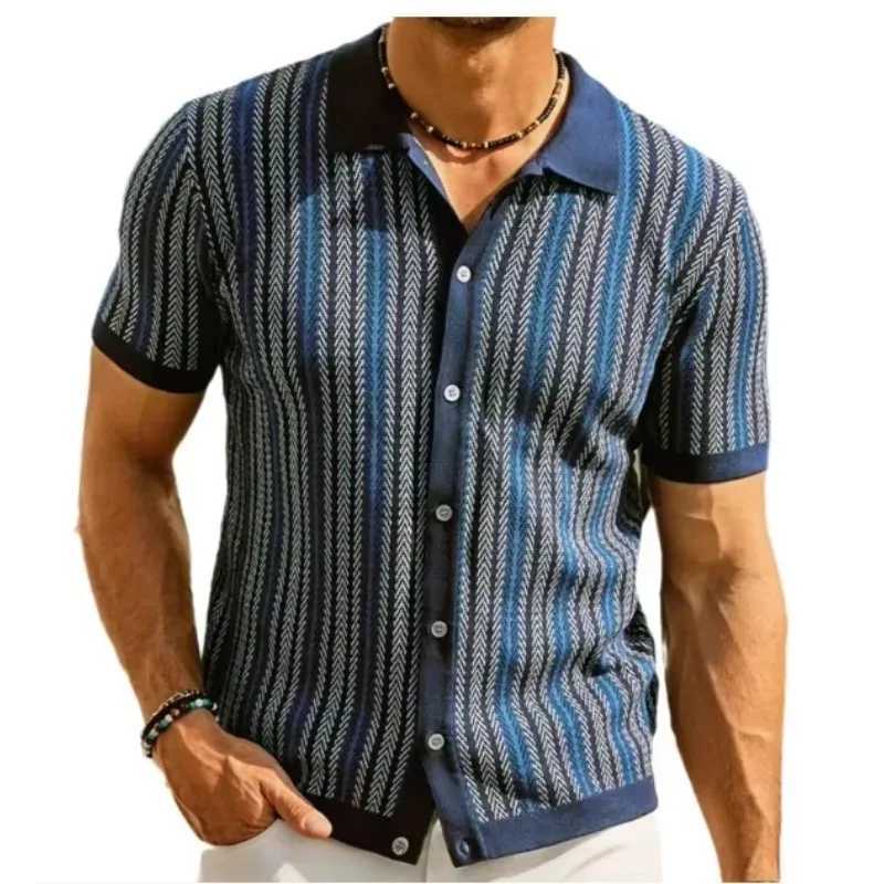 Summer new striped T-shirt polo shirt high-quality ice silk fabric breathable Wiry size casual beach style mens shirt 3XL W250504