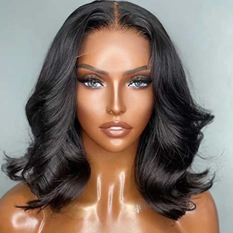 wig Womens black front lace mid split large wavy curly hair natural short curly hair wig headband
