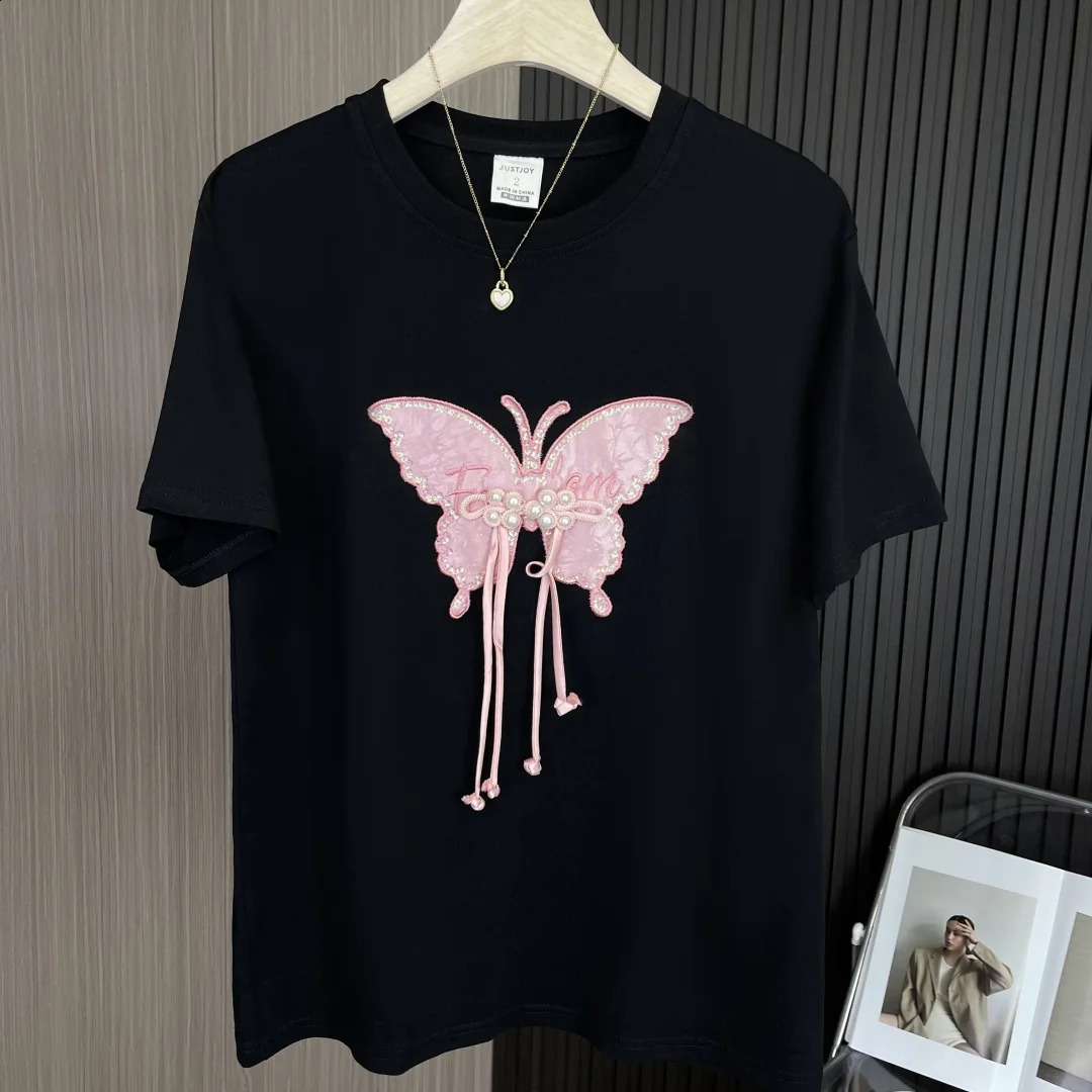 Bamboo butterfly sticker letter embroidery Tshirt for women plus size Chinese sequin bead knot 2024 summer Y2k 250430Z