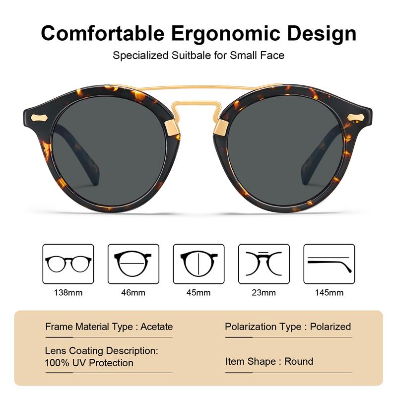 CARFIA Small Face Acetate Double Bridge Sunglasses for Women Polarized UV Protection, Retro Metal Brow Eyewears Round Sunnies