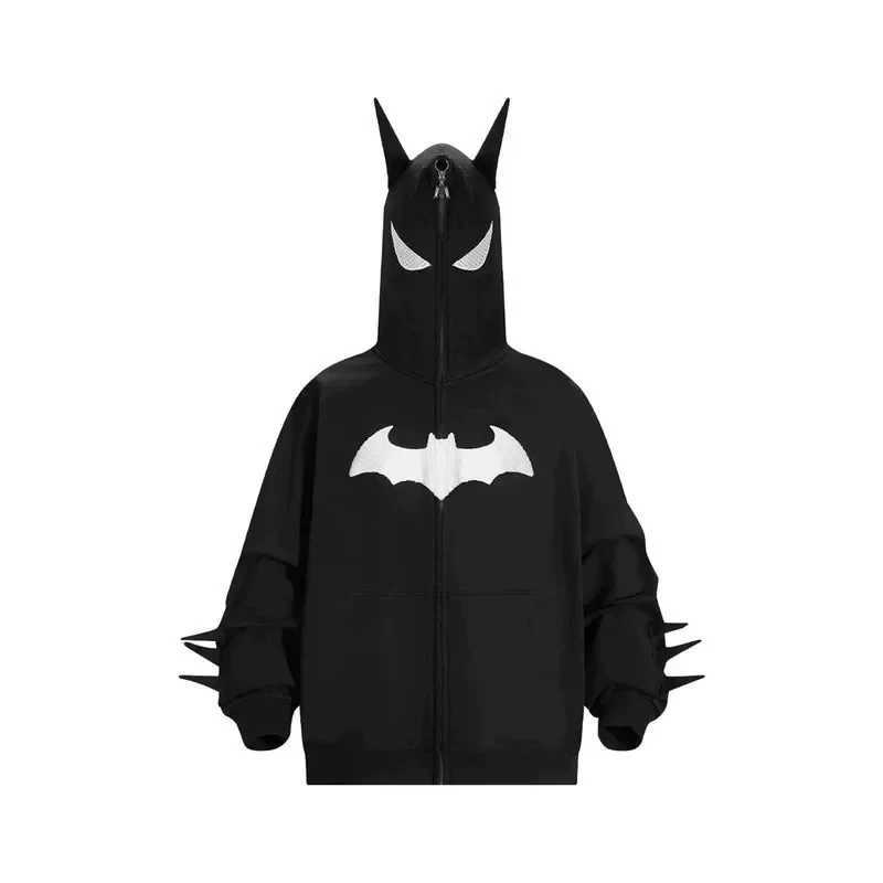 Y2K Zipper Hoodie Gothic Embroidered Bat Anime Hoodie Hip Hop Mens Oversized Sweater Harajuku Rock Fashion Street Top X2505041
