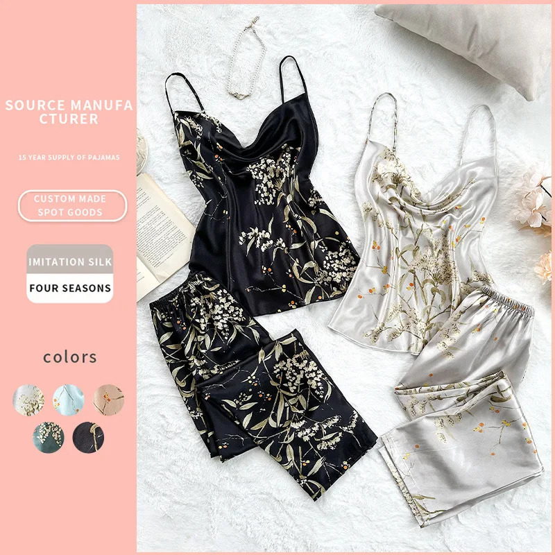 2PCS summer sexy fashion womens sleepwear top printed backless non slip dress imitates silk casual wear simple y250427