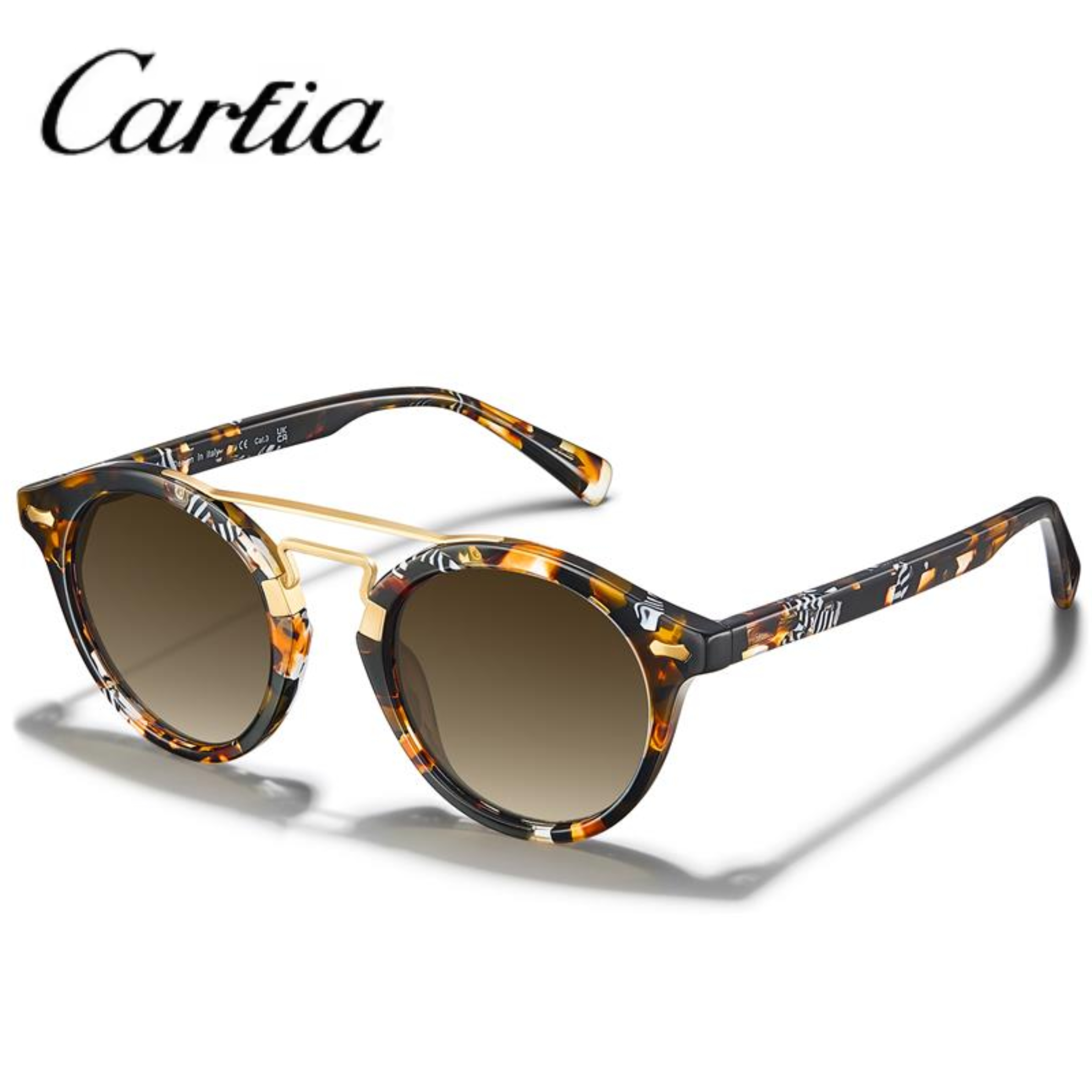 CARFIA Small Face Acetate Double Bridge Sunglasses for Women Polarized UV Protection, Retro Metal Brow Eyewears Round Sunnies